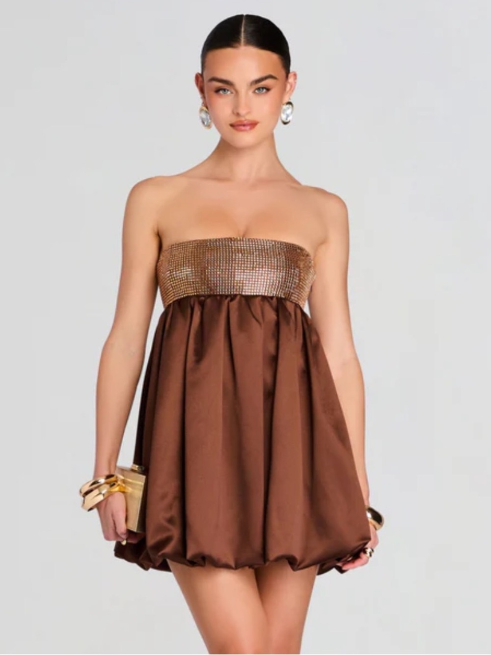 Retrofete Delfina dress Brown Mini satin bubble hem crystals $698 sz M